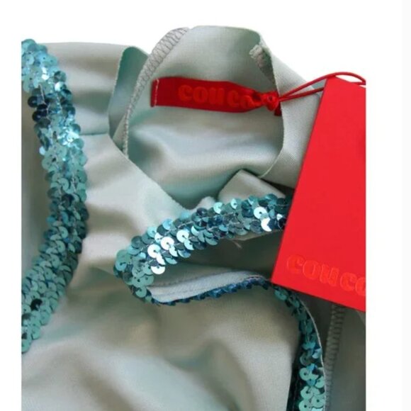 NWT CouCoo Necker Aqua Stretch Sequin Bodycon Open Shoulder Party Midi Dress S - Picture 8 of 8